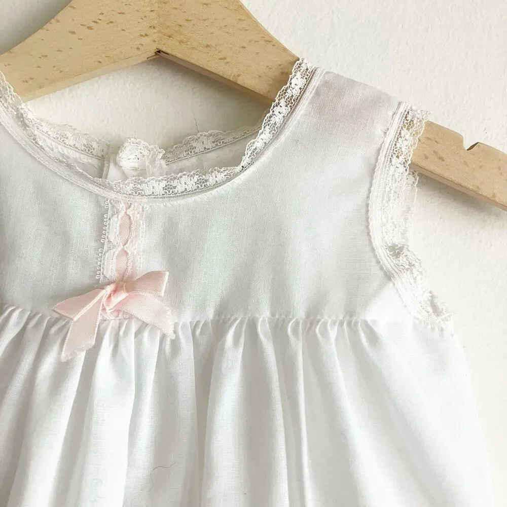 Vintage Issacson Carrico Slip Dress Baby Girl 18M White Pink Bow Ruffle Lace